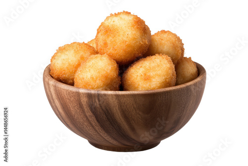 Isolated Fried Potato Balls in Wooden Bowl