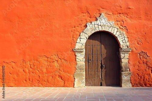 Ancient Wooden Door Archway Orange Wall Exterior