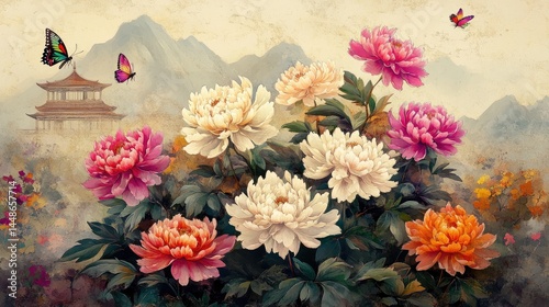 Lush peonies bloom amidst serene mountain vista.