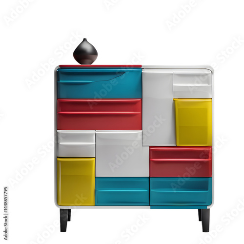 Postmodern bold asymmetrical plastic dresser with colorful drawers, isolated on a empty plain background