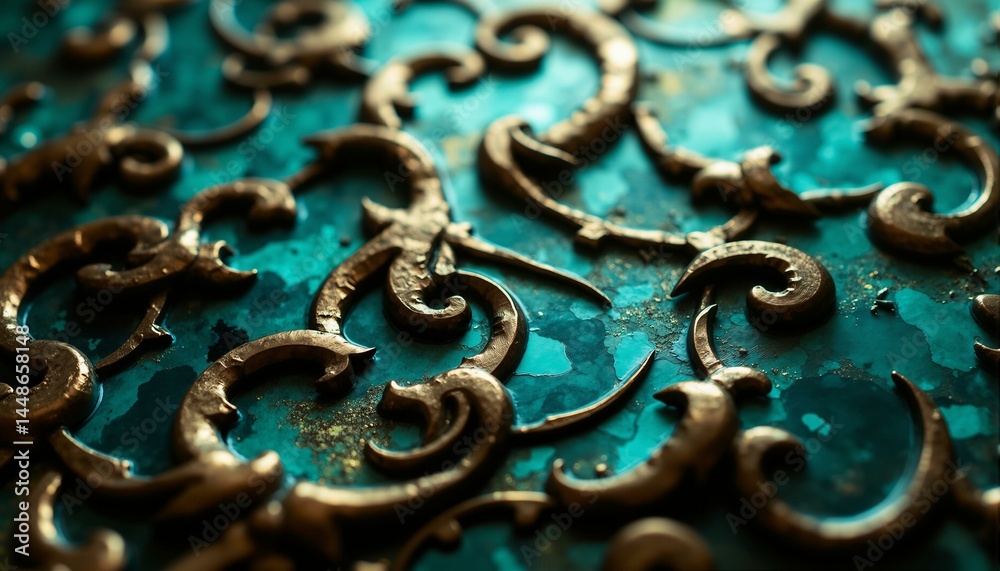 Tarnished Bronze Scrolls in Iridescent Patina Reflecting Light Through Mosaic Chamber Tarnished Bronze Scrolls in Iridescent Patina Reflecting Light Through Mosaic Chamber