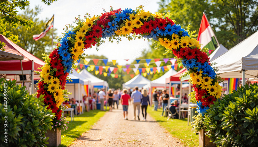Fototapeta premium Vibrant floral arch welcoming visitors to community fair, festive spirit