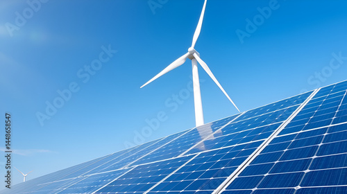 Modern wind turbine and solar panel convert renewable energy under a clear blue sky at an eco-friendly power generation facility