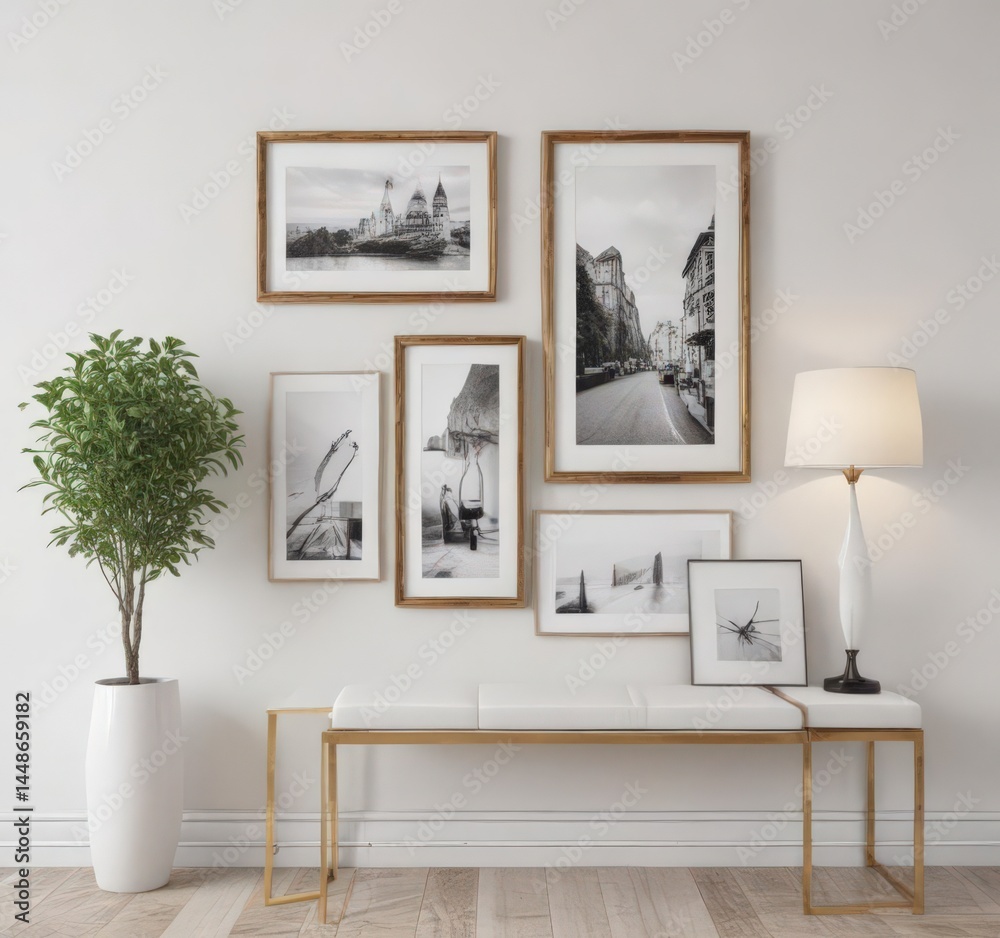 Fototapeta premium Stylish photo frame arrangement on a pristine white wall, gallery wall template , style, photo frames, collage