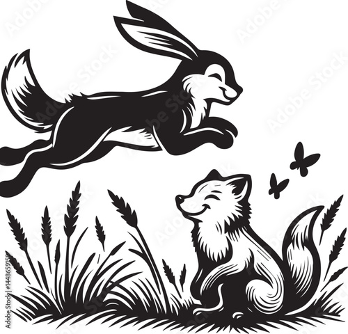 Friendly Rabbit and Fox Playfully Flying Through Fields. A whimsical black and white illustration of a rabbit and a fox joyfully flying through a field of flowers.