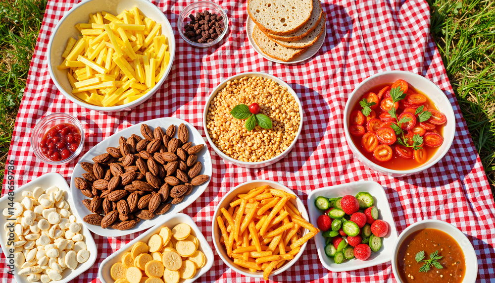 Colorful picnic spread with snacks on checkered blanket, family gathering Colorful picnic spread with snacks on checkered blanket, family gathering