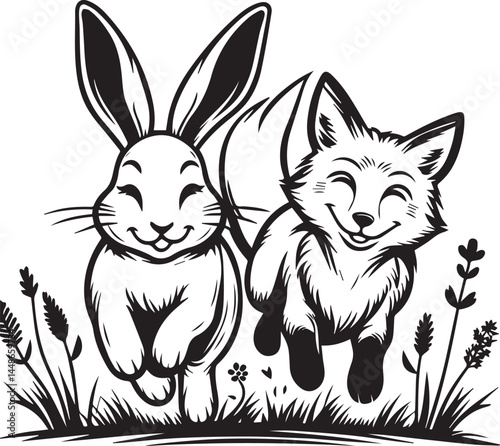 Friendly Rabbit and Fox Playfully Flying Through Fields. A whimsical black and white illustration of a rabbit and a fox joyfully flying through a field of flowers.