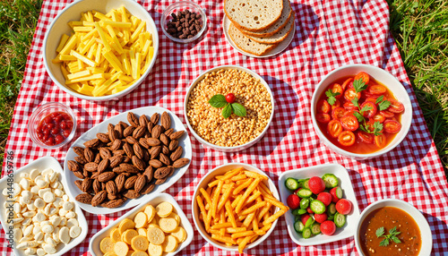 Wallpaper Mural Colorful picnic spread with snacks on checkered blanket, family gathering Torontodigital.ca
