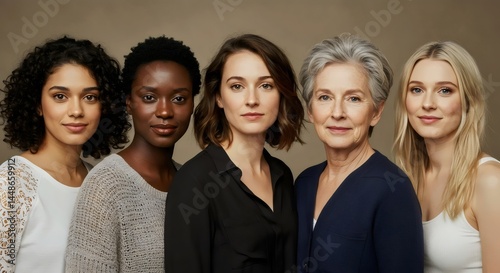 Confident group portrait of five diverse multi-ethnic women of varying ages standing together against a neutral backdrop.