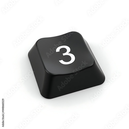 Black keyboard key with number three, isolated on white background