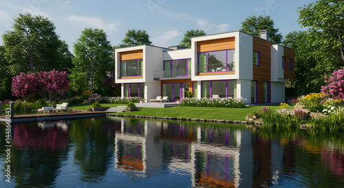 Modern Lakeside Home Surrounded By Lush Greenery And Reflected In Water