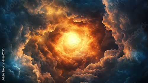 A dramatic scene of swirling dark clouds illuminated by a bright light source above. [Electric Myths] | Thunderborn Deities | storm origin. Illustration