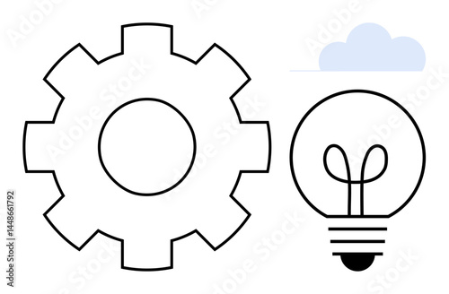 Gear and light bulb next to a subtle cloud element conveying innovation, teamwork, and technological progress. Ideal for creativity, technology, teamwork, brainstorming, engineering, problem-solving