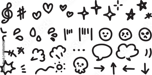 Hand drawn element line art love set, star set, music set, sketch white and black, red color vector