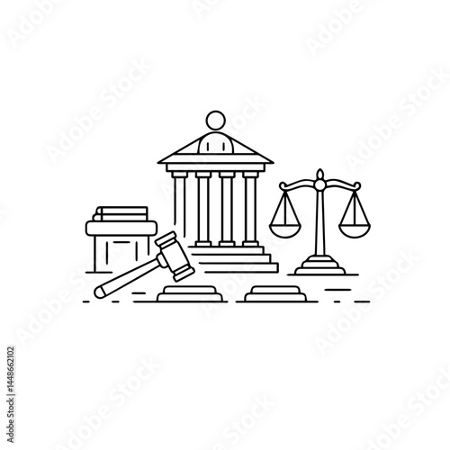 Legal symbols including a gavel and scales in a minimalist style  