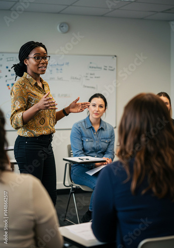Black woman leading adult group in modern classroom