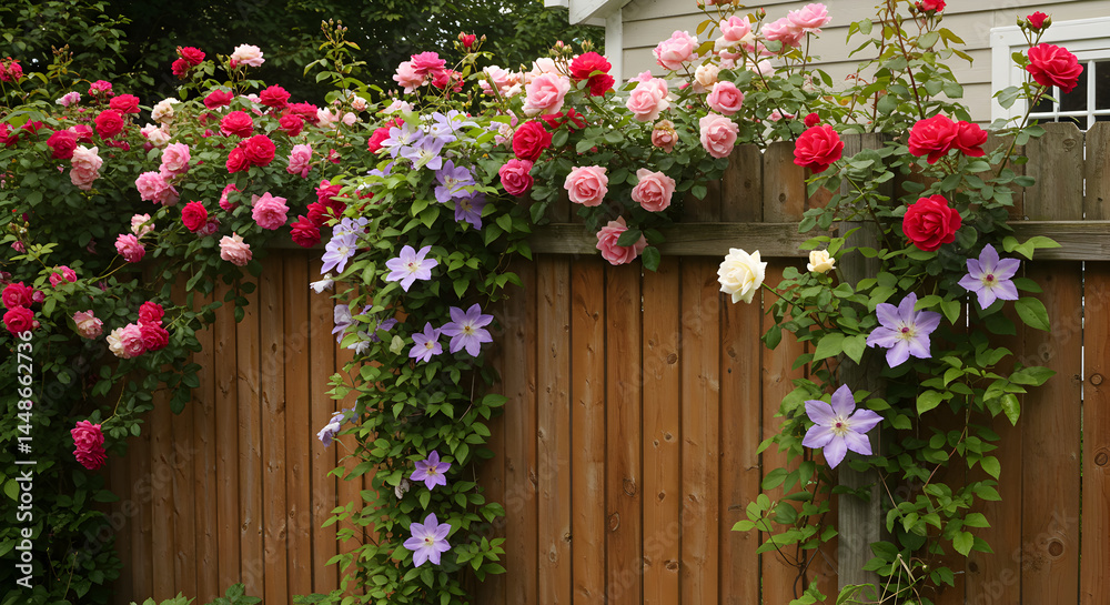 Rustic Fence Adorned With Climbing Roses And Clematis Flowers In Summer