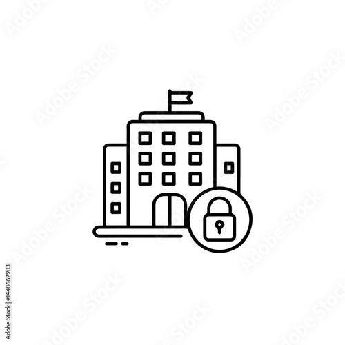 Secure Building Icon with Lock Symbol on White Background  