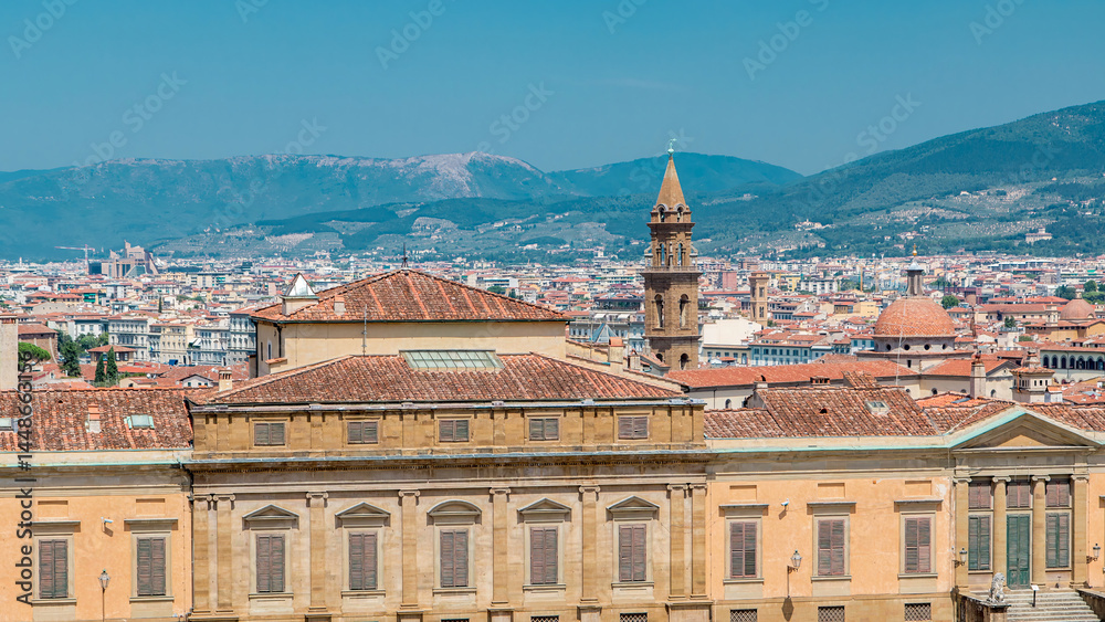 Obraz premium Florence landscape from above timelapse, panorama on historical view from Boboli Gardens Giardino di Boboli point. Italy.