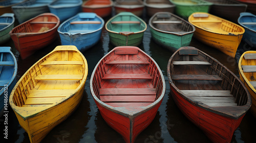Wallpaper Mural Colorful Boats Floating: A vibrant collection of small wooden boats in assorted colors rest on calm water, creating a visually captivating scene. Torontodigital.ca