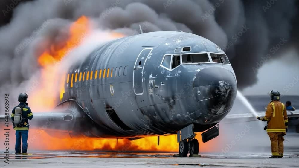 Firefighters extinguishing burning airplane on runway