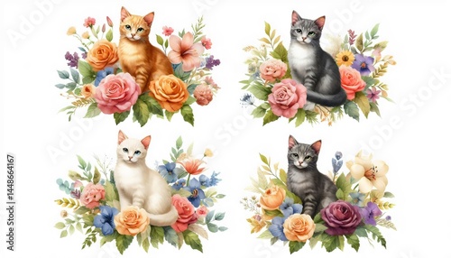 Set of four distinct watercolor cat portraits (ginger, bicolor, white, tabby) each nestled within colorful floral bouquets.