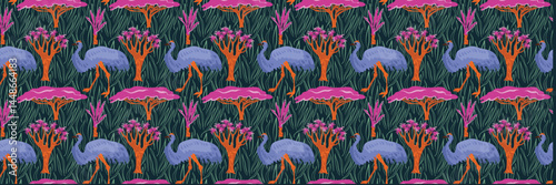 African pattern with ostriches emu and savanna trees in trendy colors. Exotic tropical background with flora and big bird. Vector seamless pattern. Summer design in the savanna.