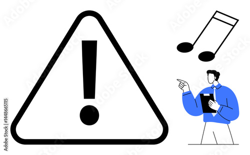 Exclamation mark in a warning triangle combined with music note symbols and a professional pointing figure. Ideal for caution, communication, guidance, education, awareness, notifications, music
