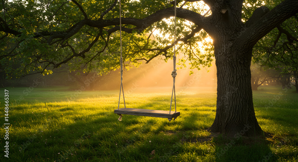 Nostalgic Swing Hanging From An Old Tree Branch In Summer Nostalgic Swing Hanging From An Old Tree Branch In Summer