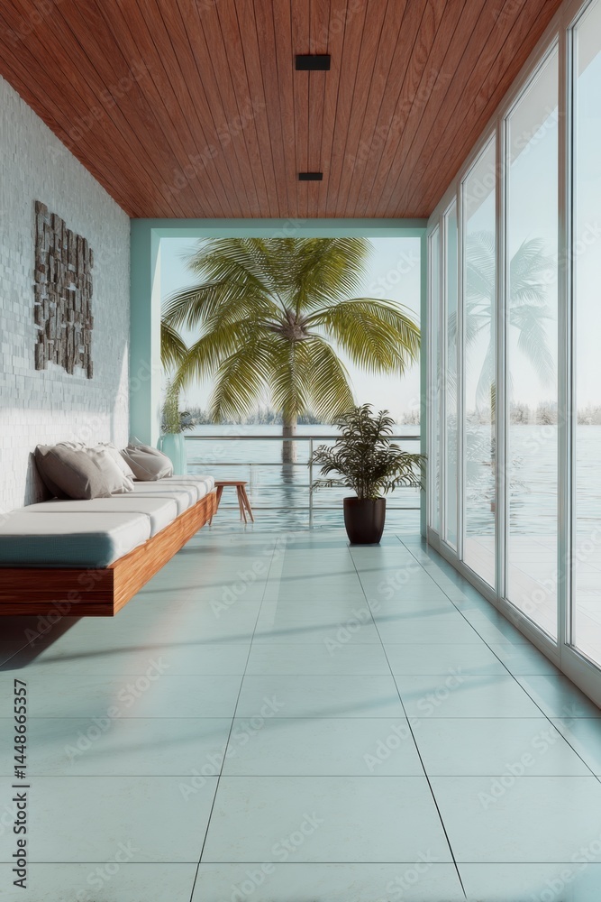 Fototapeta premium Serene tropical veranda with palm tree view and cozy daybed inviting relaxation and tranquility in a contemporary architectural design with bright natural light and airy atmosphere