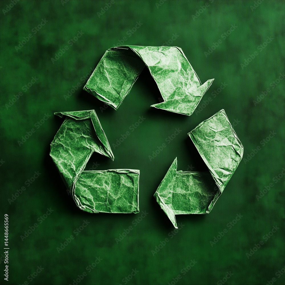 Símbolo de reciclagem verde com detalhes visíveis de costura em estilo cartoon sobre fundo temático ecológico. Ícone ambiental criativo, ideal para projetos educativos e sustentáveis