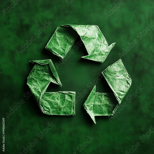 Obraz na płótnie Símbolo de reciclagem verde com detalhes visíveis de costura em estilo cartoon sobre fundo temático ecológico. Ícone ambiental criativo, ideal para projetos educativos e sustentáveis w salonie
