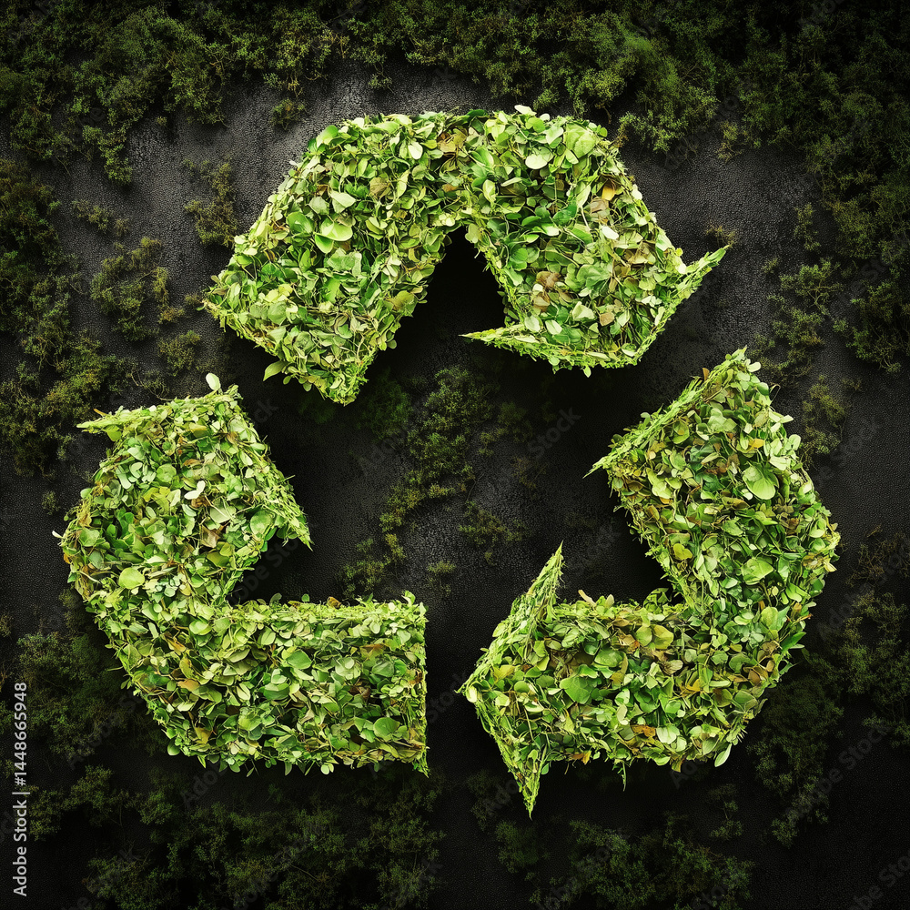 Símbolo de reciclagem verde com detalhes visíveis de costura em estilo cartoon sobre fundo temático ecológico. Ícone ambiental criativo, ideal para projetos educativos e sustentáveis