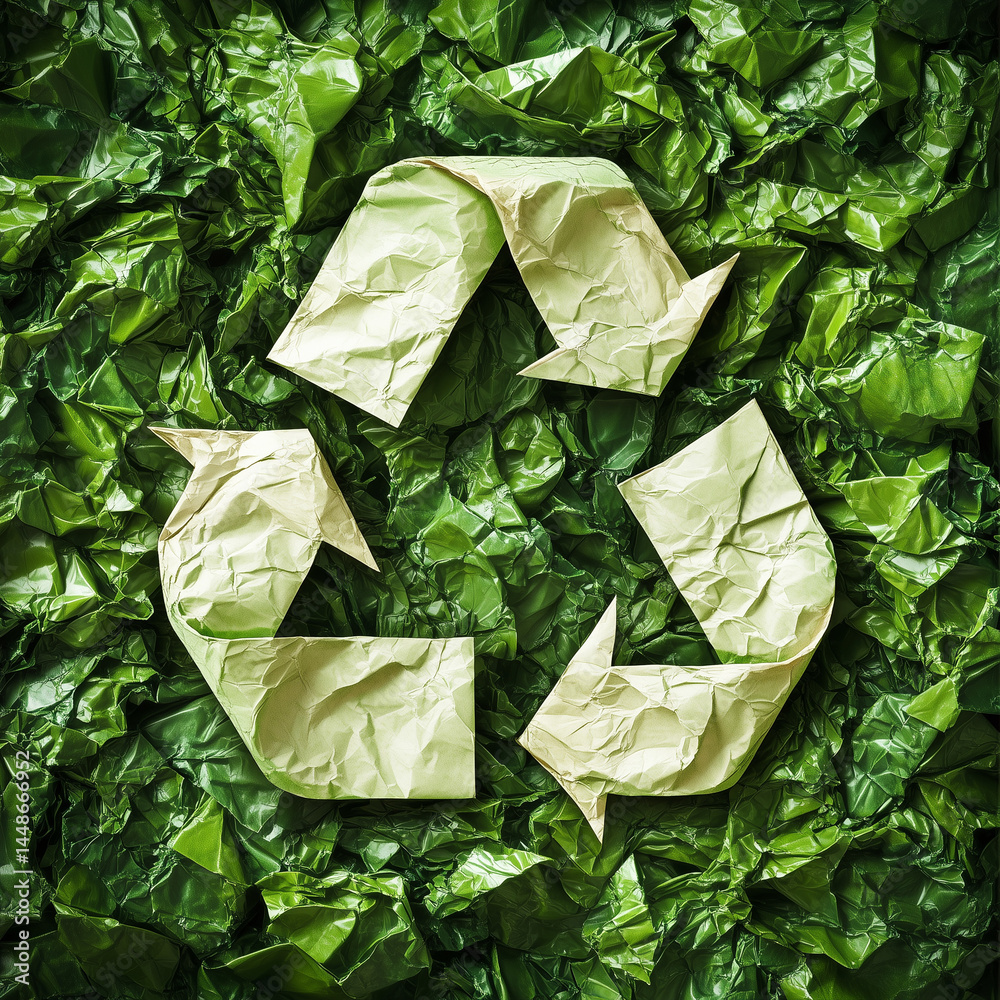 Símbolo de reciclagem verde com detalhes visíveis de costura em estilo cartoon sobre fundo temático ecológico. Ícone ambiental criativo, ideal para projetos educativos e sustentáveis