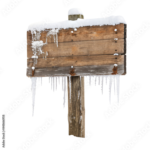 rustic wooden sign board covered with snow and ici on transparent background png