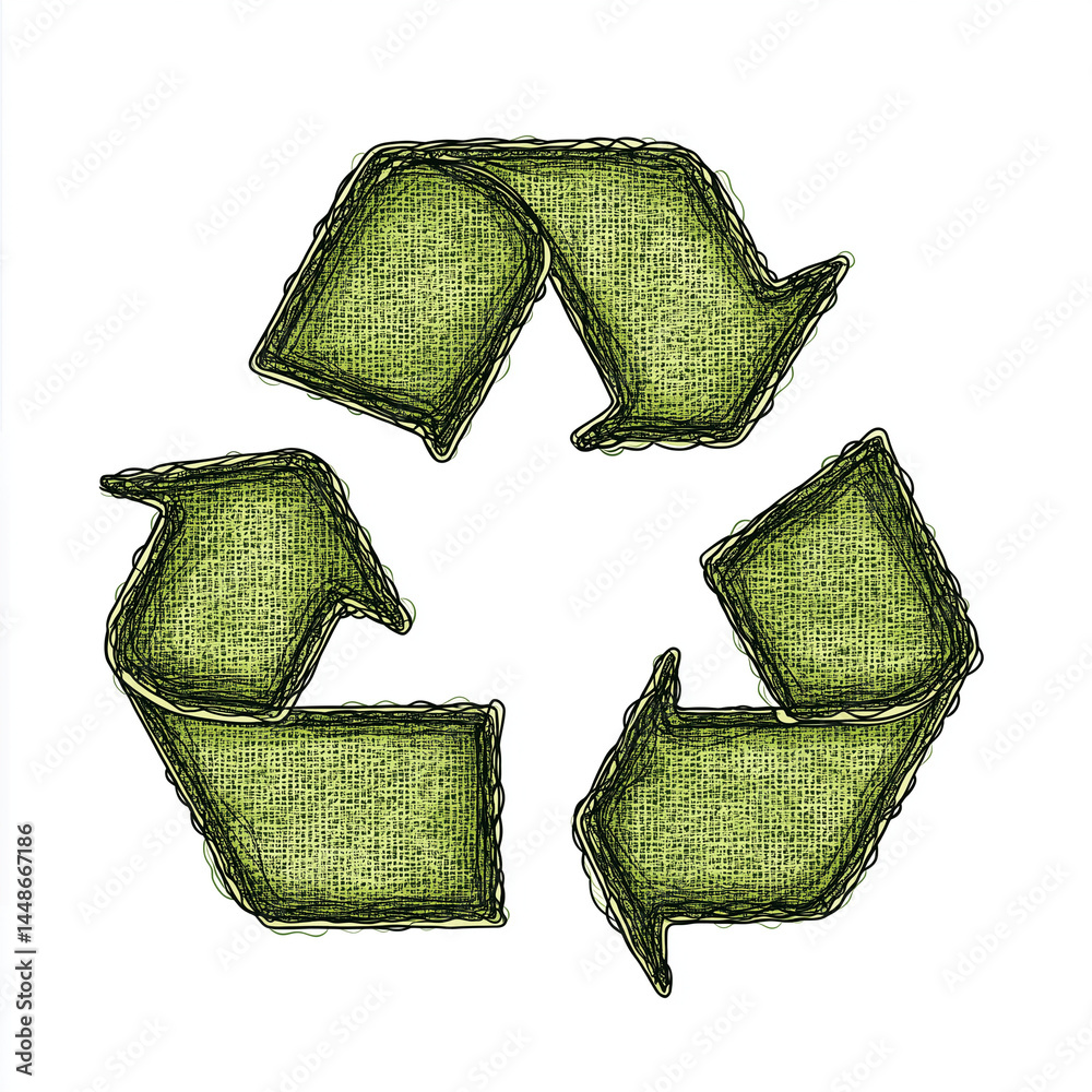 Símbolo de reciclagem verde em estilo cartoon, com detalhes de costura visíveis e traços realçados. Ícone ecológico sobre fundo branco, ideal para projetos sustentáveis e educativos