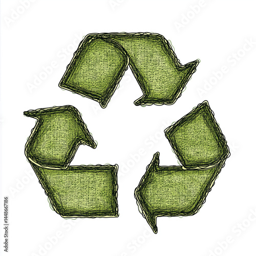 Obraz na płótnie Símbolo de reciclagem verde em estilo cartoon, com detalhes de costura visíveis e traços realçados. Ícone ecológico sobre fundo branco, ideal para projetos sustentáveis e educativos w salonie