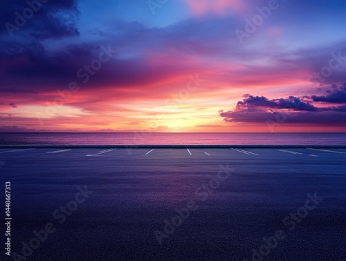 Serene ocean vista under a vibrant sunset sky from an empty parking lot offering a tranquil scene with colorful clouds and calm water creating a peaceful atmosphere