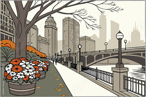 31 Urban cityscape, riverside promenade, colorful flower planters, wrought iron railing, autumn foliage, tall skyscrapers, overcast sky, city bridge, pedestrian walkway, vibrant mums, white daisies, f