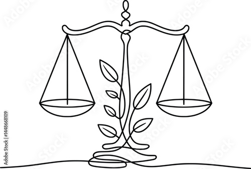 Justice Scale One-Line Drawing, Minimalist Legal Balance Symbol Illustration.