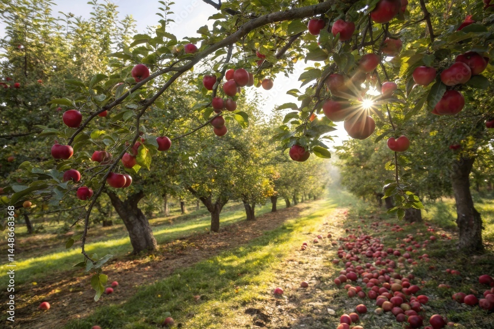 Fototapeta premium Harvesting ripe red apples beneath sunlit apple trees in a lush orchard