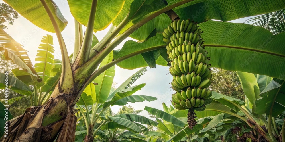 Fototapeta premium Harvesting bananas from lush green banana tree in tropical paradise nature photography close-up view of bananas and leaves