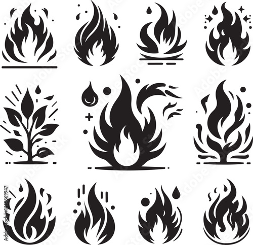  vector Fire flame silhouette icon set