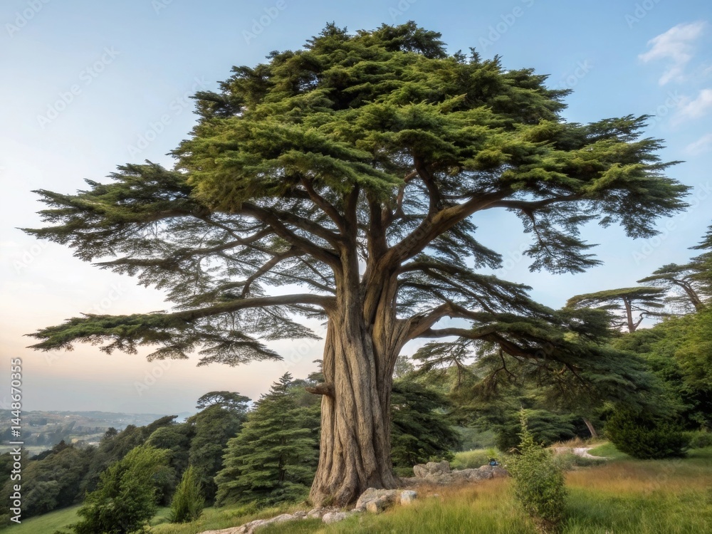 Majestic cedar tree with rich green foliage and ancient bark serene landscape nature photography tranquil environment side view ancient wisdom Majestic cedar tree with rich green foliage and ancient bark serene landscape nature photography tranquil environment side view ancient wisdom
