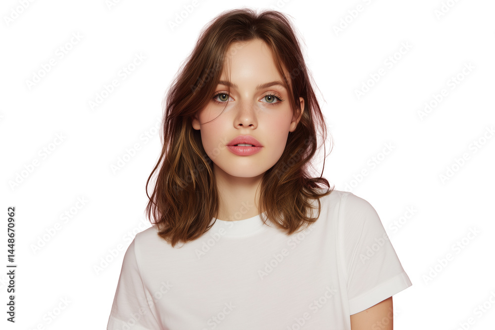 Fototapeta premium Junge Frau mit natürlichem Ausdruck in weißem T-Shirt PNG mit transparentem Hintergrund