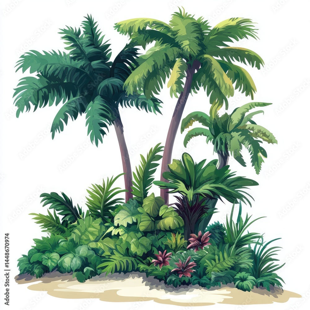 Lush Tropical Paradise: Vibrant Palm Trees and Exotic Flora in a Sunny Island Setting Lush Tropical Paradise: Vibrant Palm Trees and Exotic Flora in a Sunny Island Setting