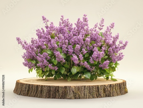 Captivating lilac bush on rustic wood slice showcasing purple blooms against a soft background botanical elegance nature photography