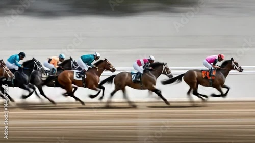 Horse racing competition, jockeys galloping towards victory