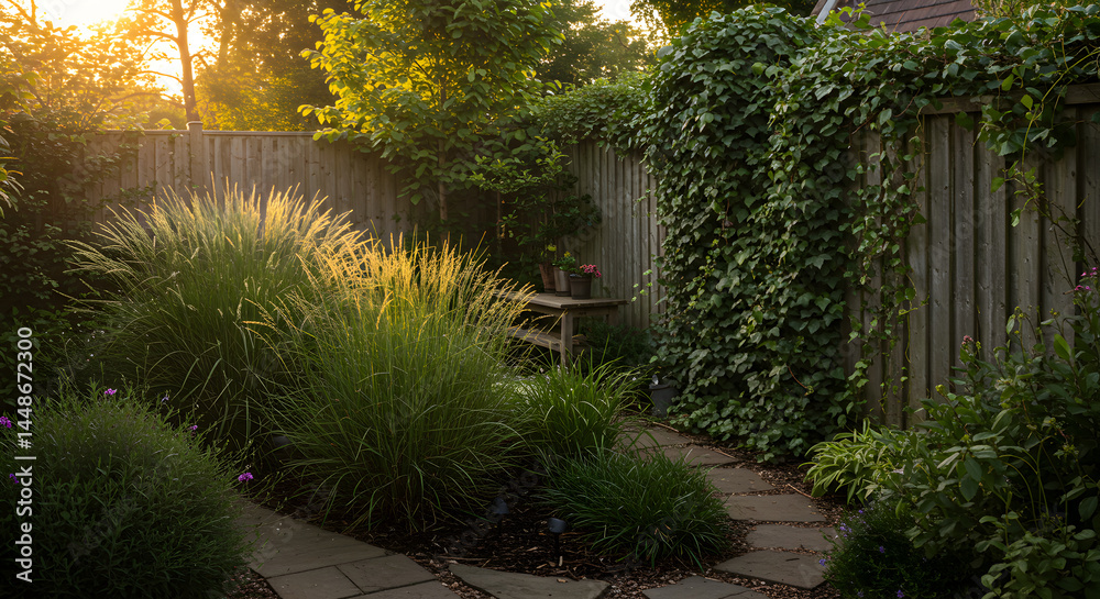 Serene Backyard Oasis Featuring Lush Ornamental Grasses and Stone Pathway Serene Backyard Oasis Featuring Lush Ornamental Grasses and Stone Pathway