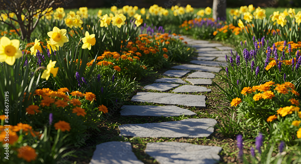 Fototapeta premium Stone Pathway Through A Vibrant Spring Garden With Colorful Flowers